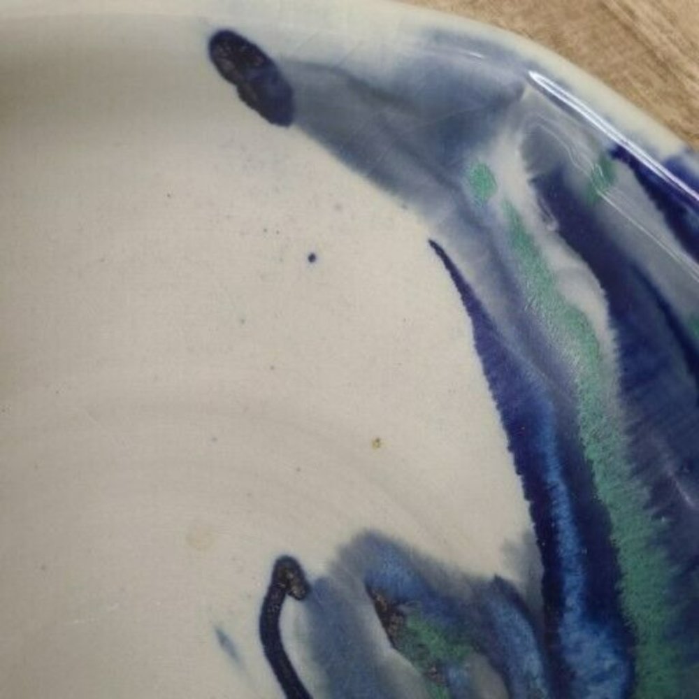 Studio Hand Made Artisan Signed Pottery Rounded Square Bowl Blue Butterfly Glaze - Picture 9 of 12